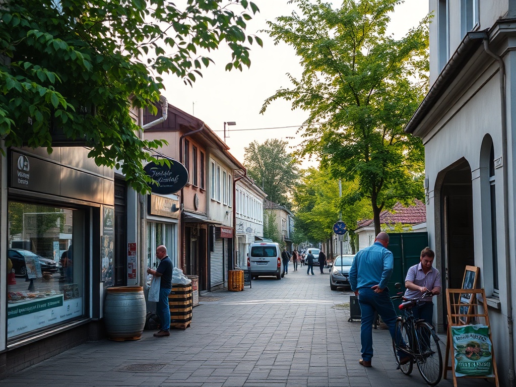 Ilustracja przedstawiająca zielono-niebieską infrastrukturę w mieście Białogard, z elementami wody i zieleni.